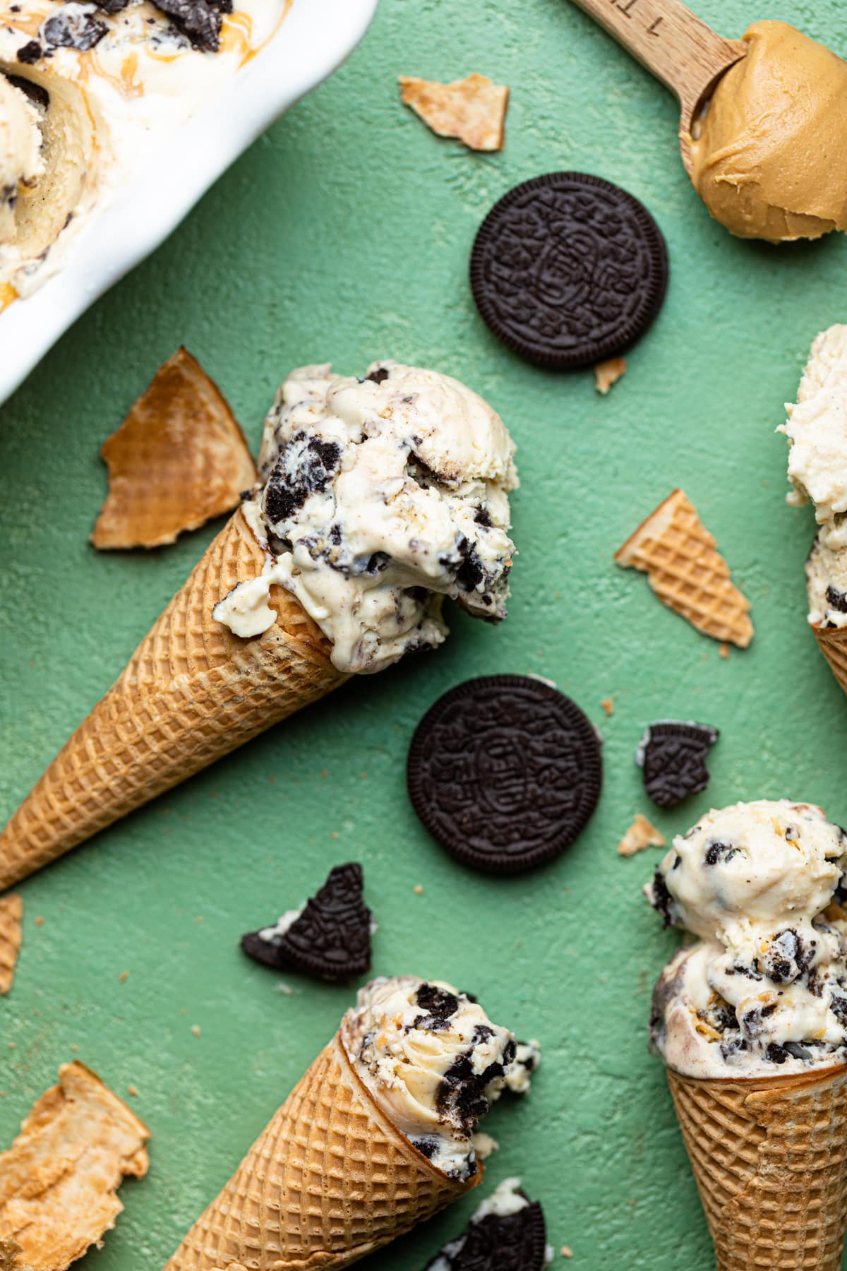 Oreos and cones filled with No-Churn Peanut Butter Oreo Ice Cream.