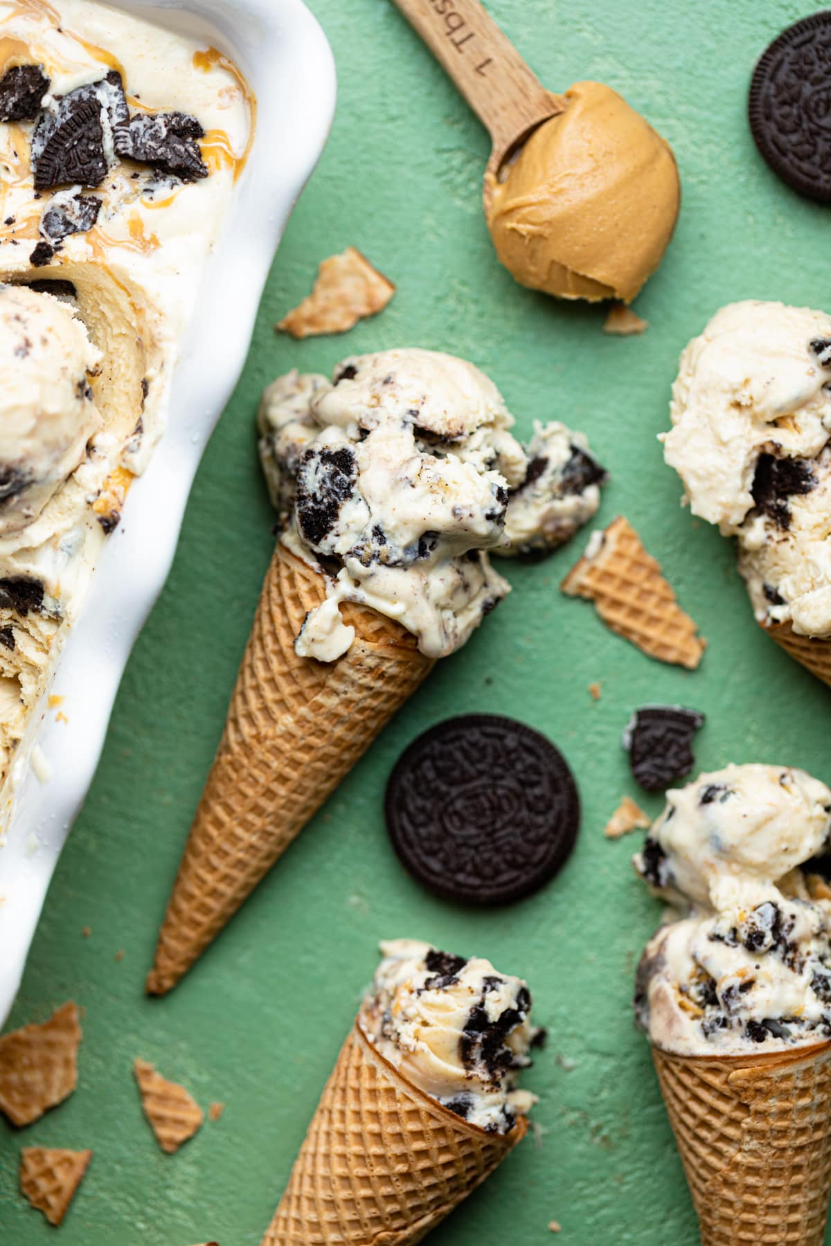 No-Churn Peanut Butter Oreo Ice Cream in cones on a table