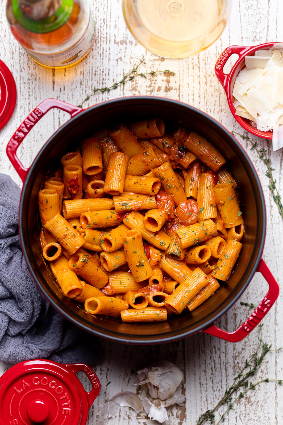 Spicy Cajun Vodka Pasta without Vodka in a red Dutch oven.