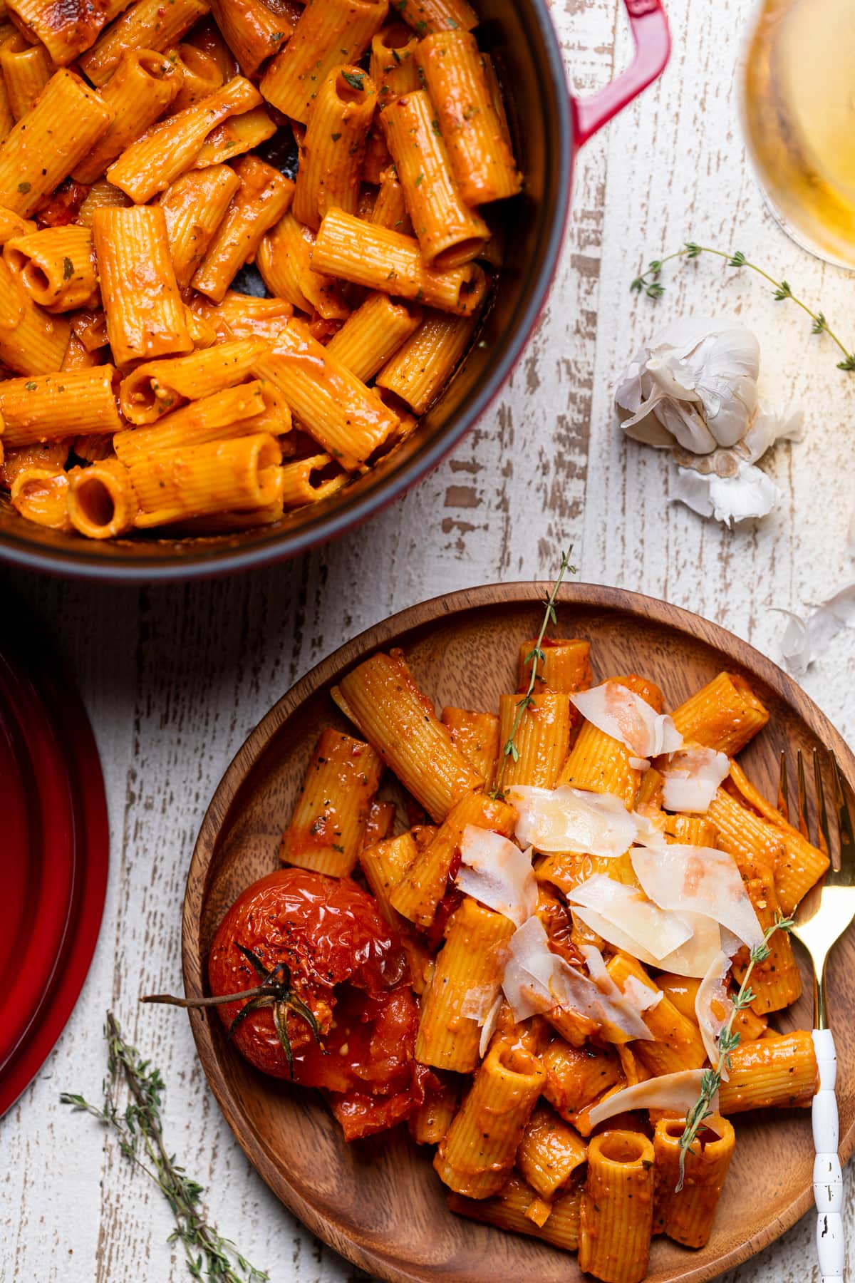 Spicy Cajun Vodka Pasta without Vodka in a pot and on a plate.