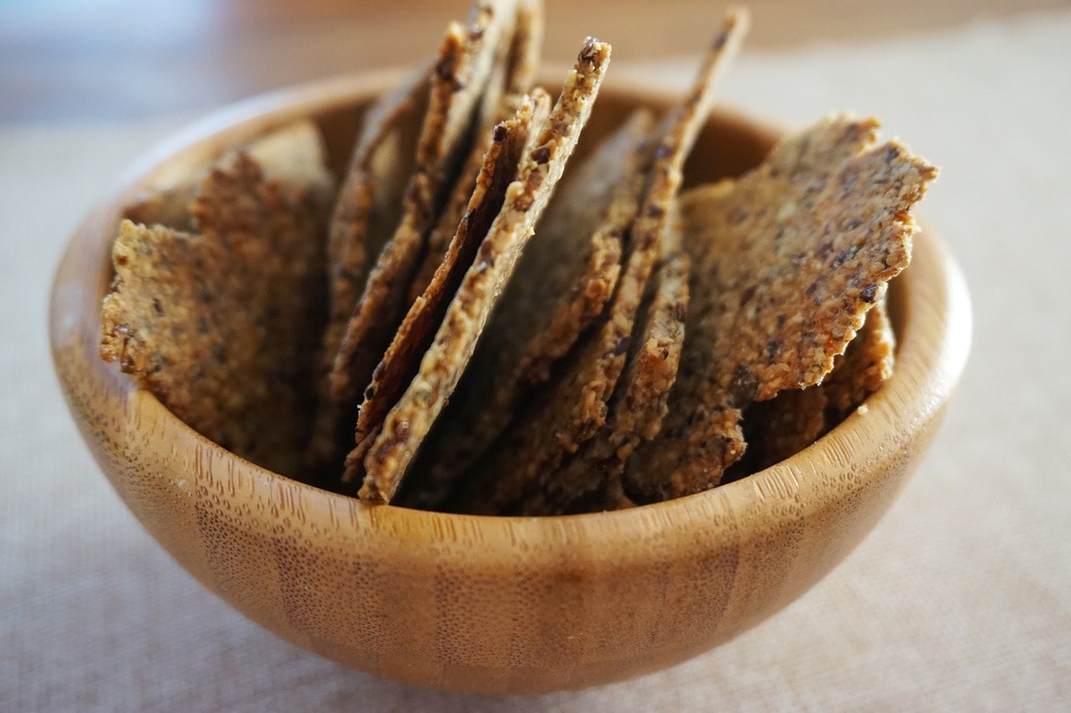 Crackers in a wooden bowl.