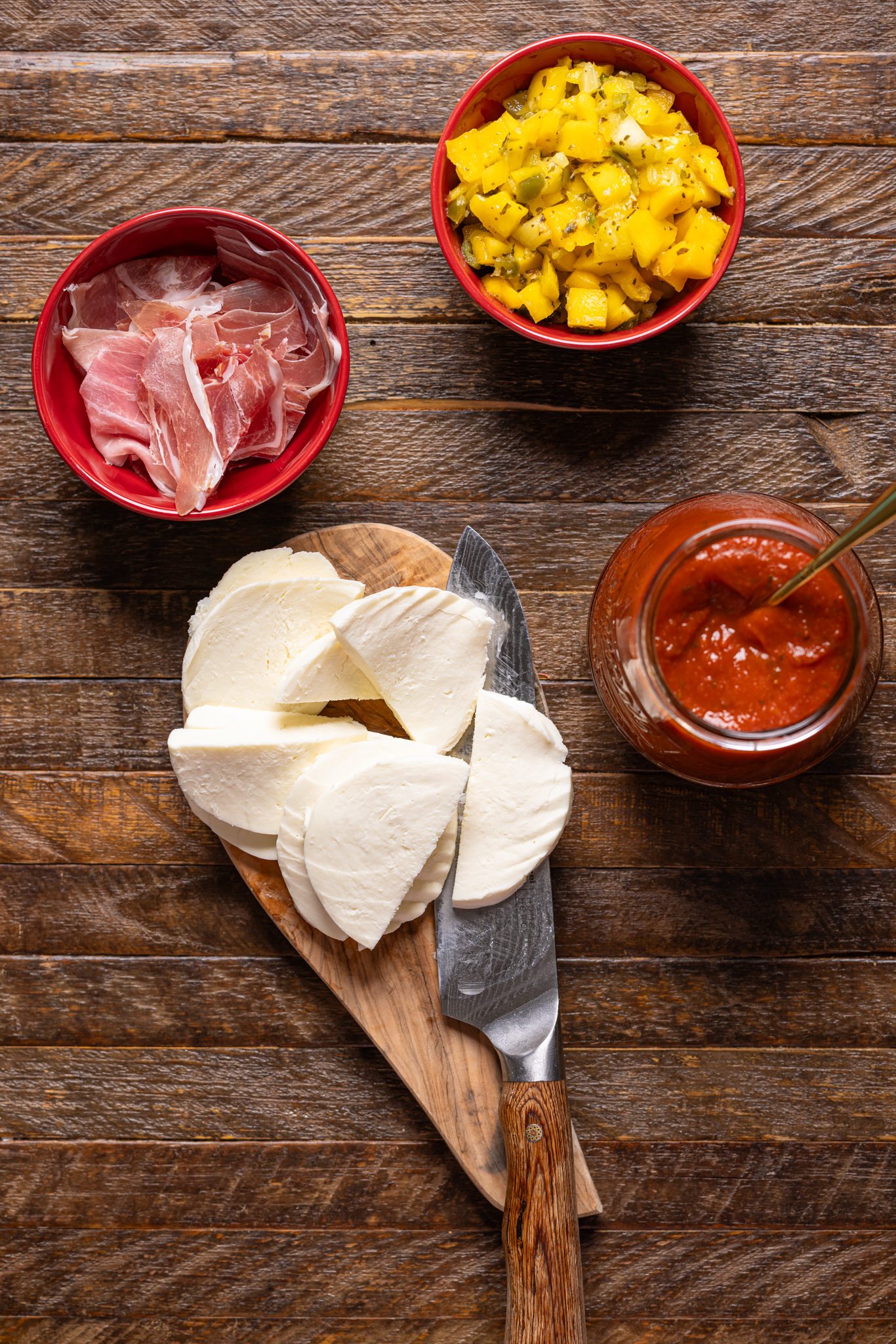 Ingredients on a brown wood table.