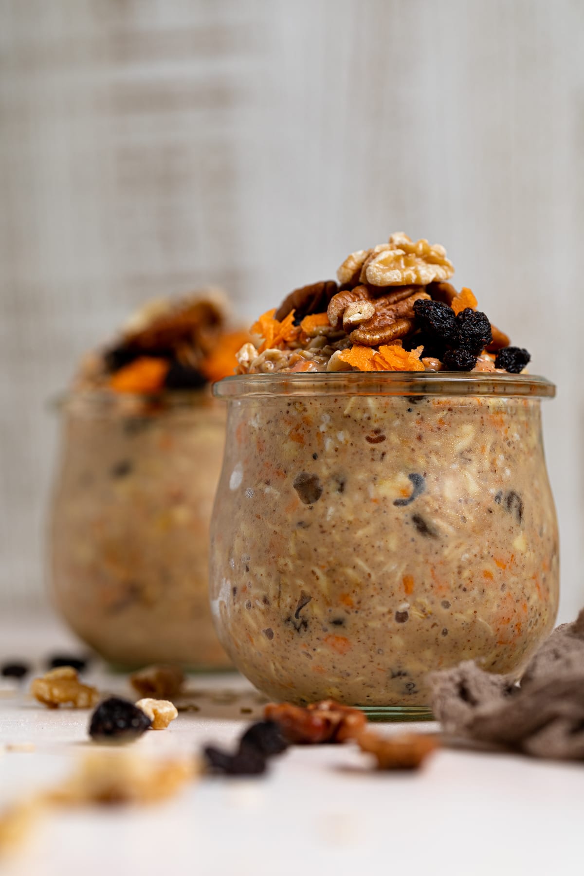 Closeup of a glass of Spiced Carrot Cake Overnight Oats