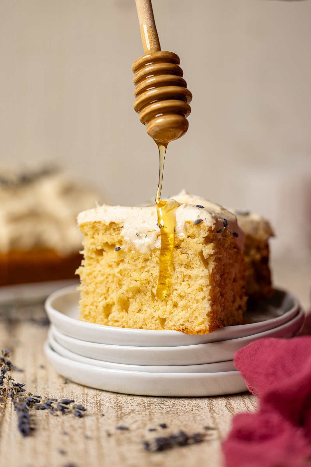 Slice of cake with a drizzle of honey. 