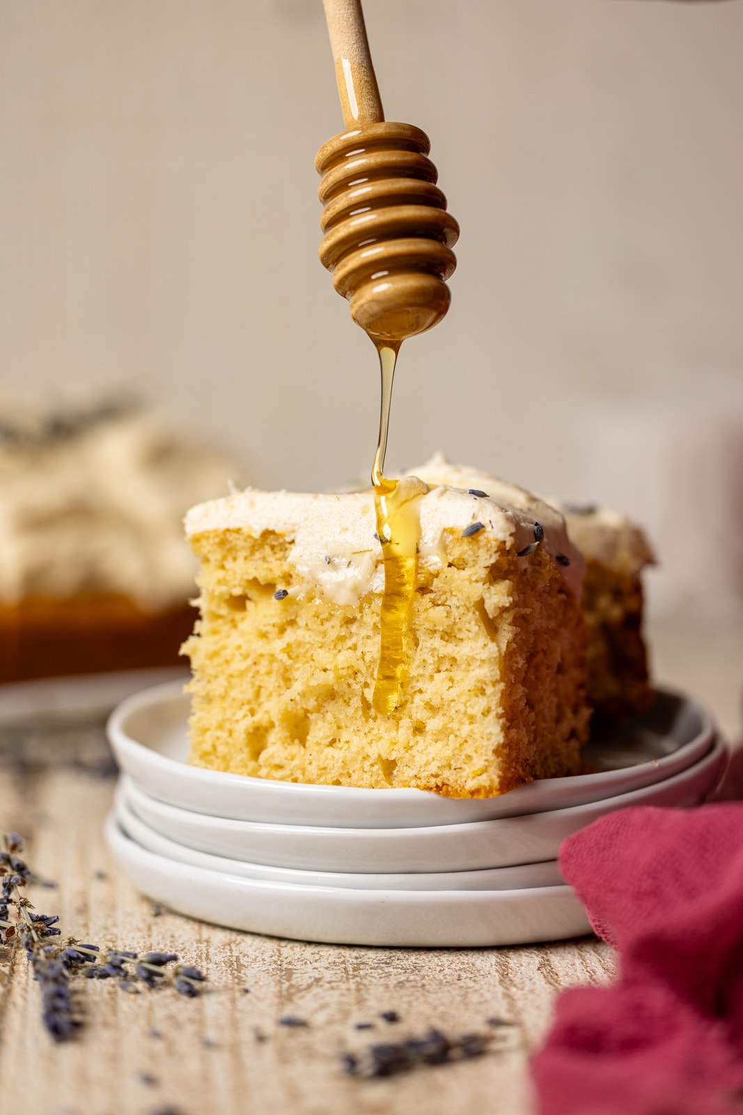 Slice of cake with a drizzle of honey.