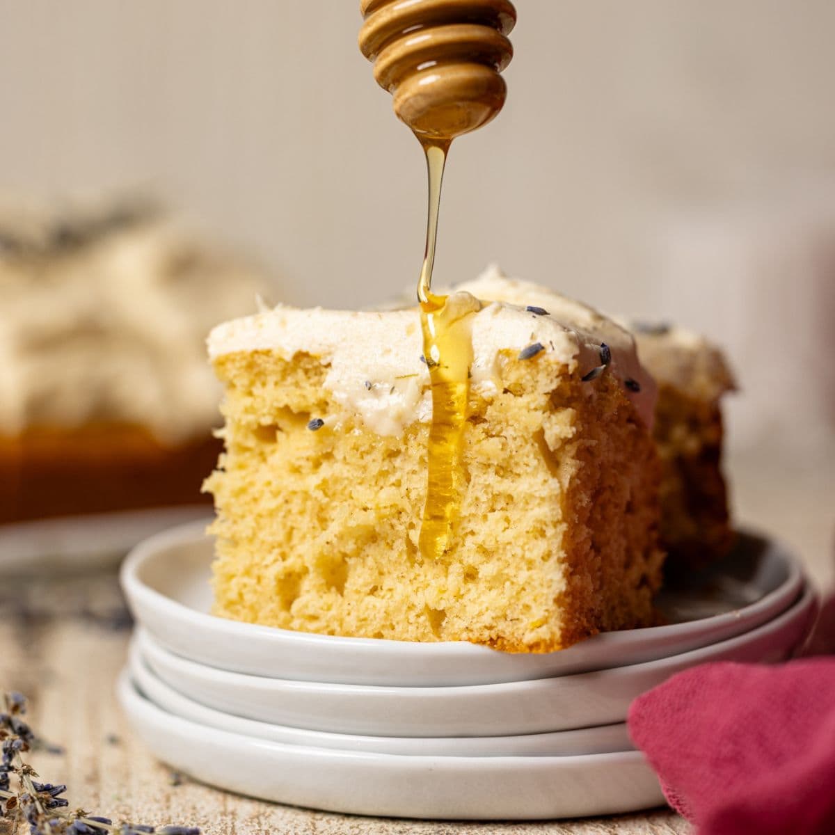 Slice of cake with a drizzle of honey.