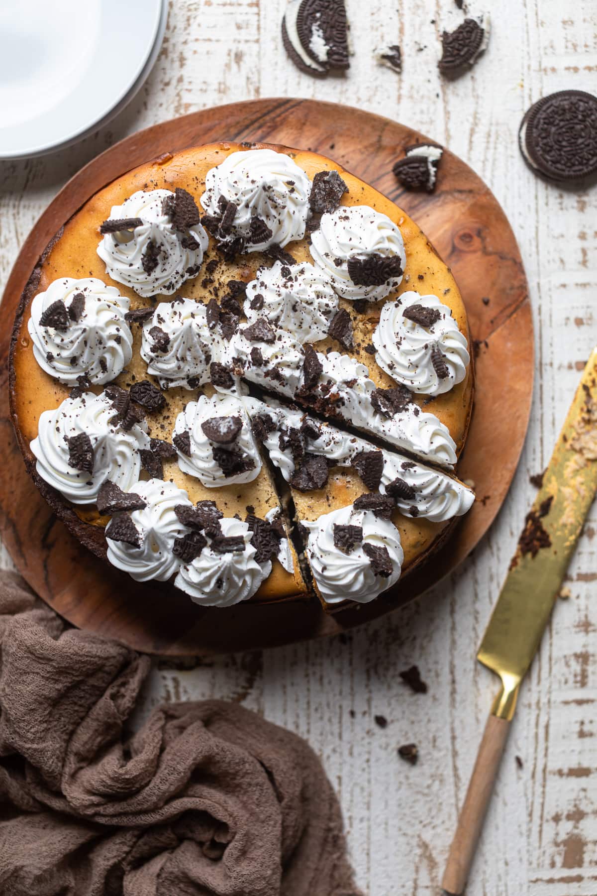 Overhead shot of Gluten-Free Peanut Butter Cookies N\' Cream Brownie Cheesecake