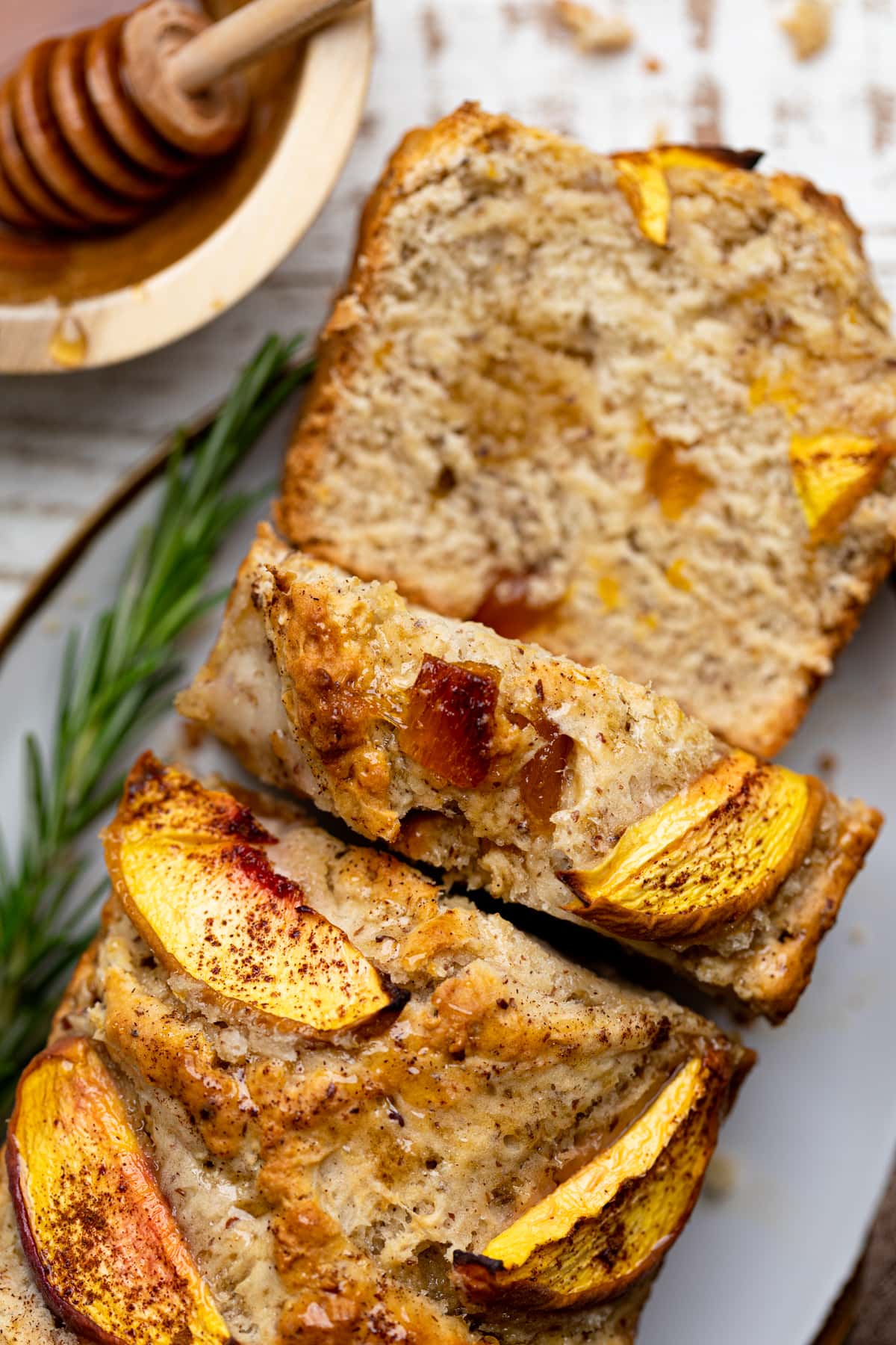 Closeup of slices of Cinnamon Maple Peach Bread 