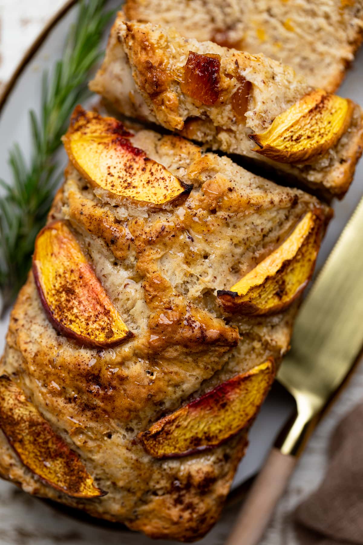 Closeup of a loaf of Cinnamon Maple Peach Bread 