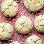 Thick and Chewy Funfetti Cookies on a wire rack