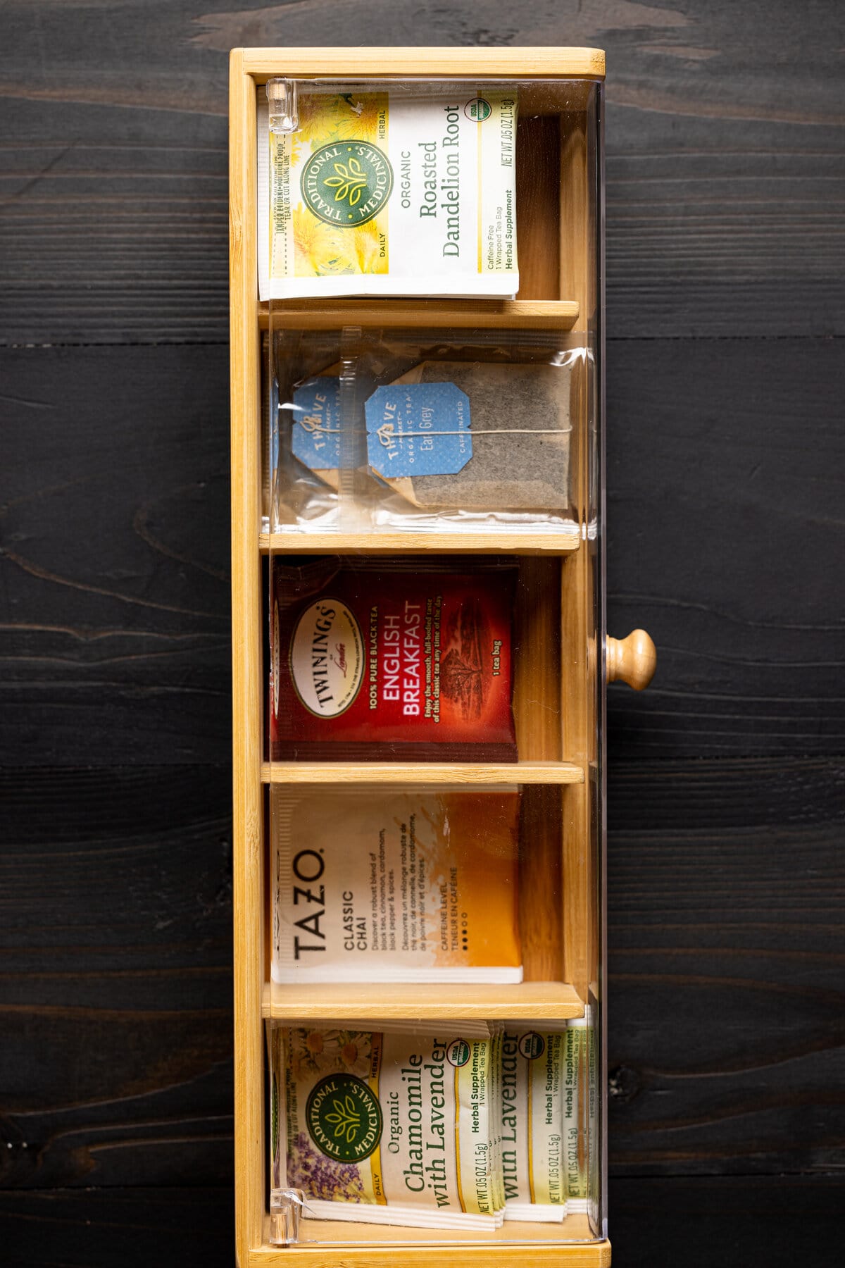 Bags of tea in a drawer