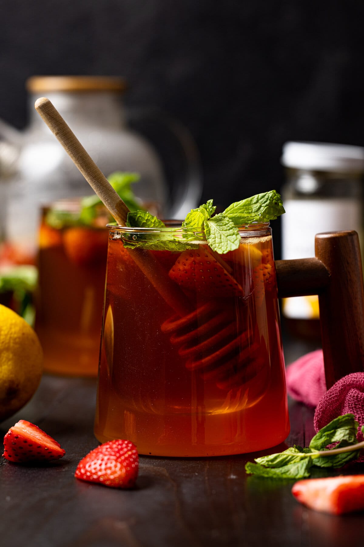 Closeup of a glass of Roasted Dandelion Strawberry Tea