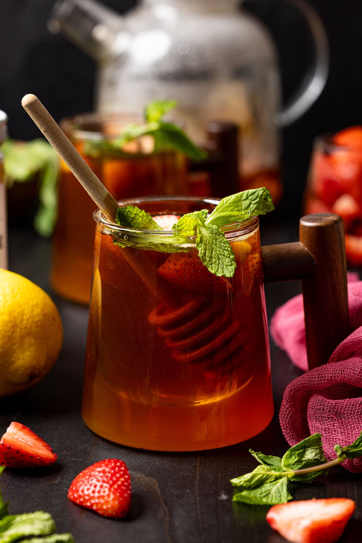 Closeup of a glass of Roasted Dandelion Strawberry Tea