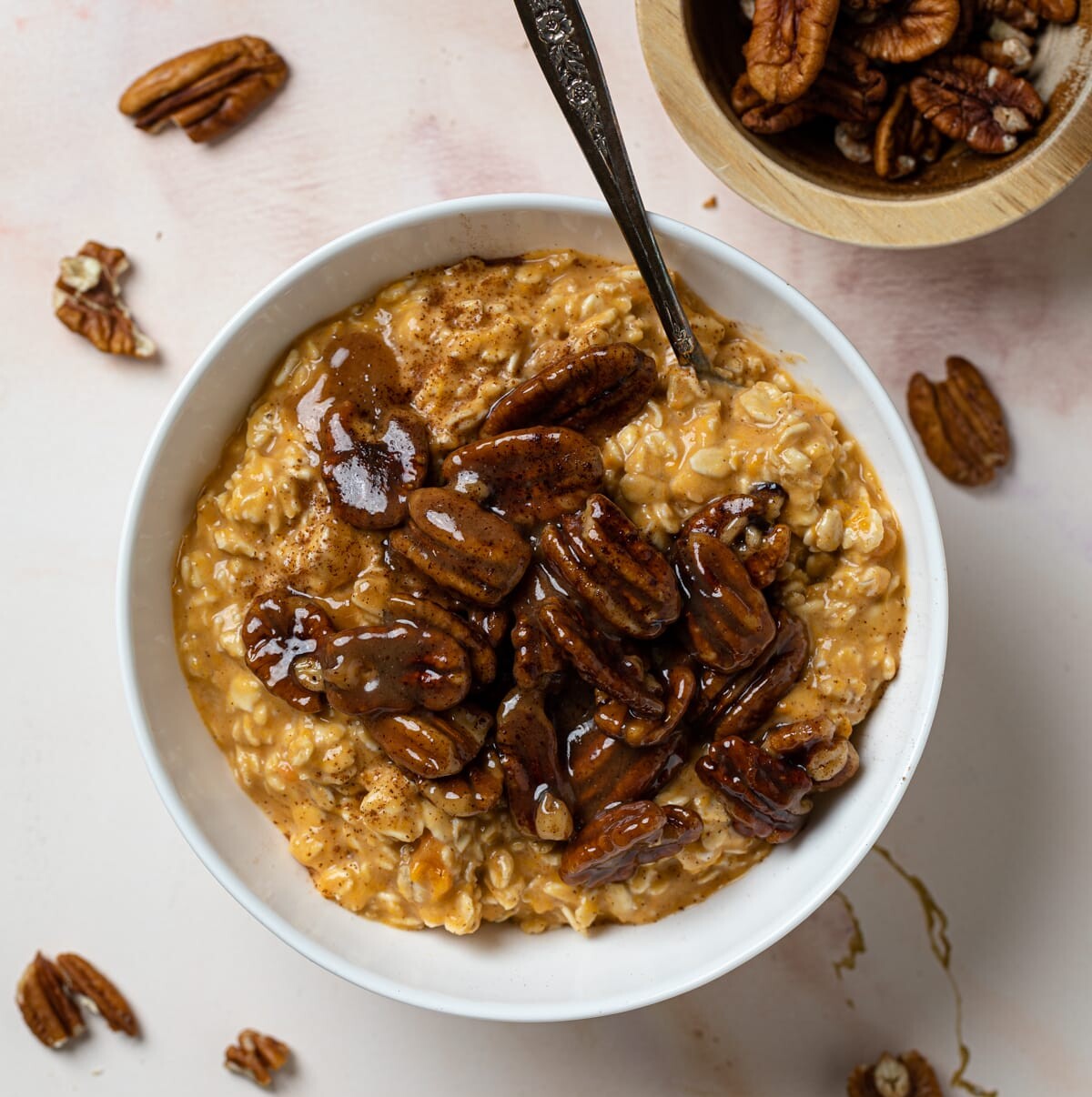 Overhead shot of a bowl of Sweet Potato Pie Overnight Oats