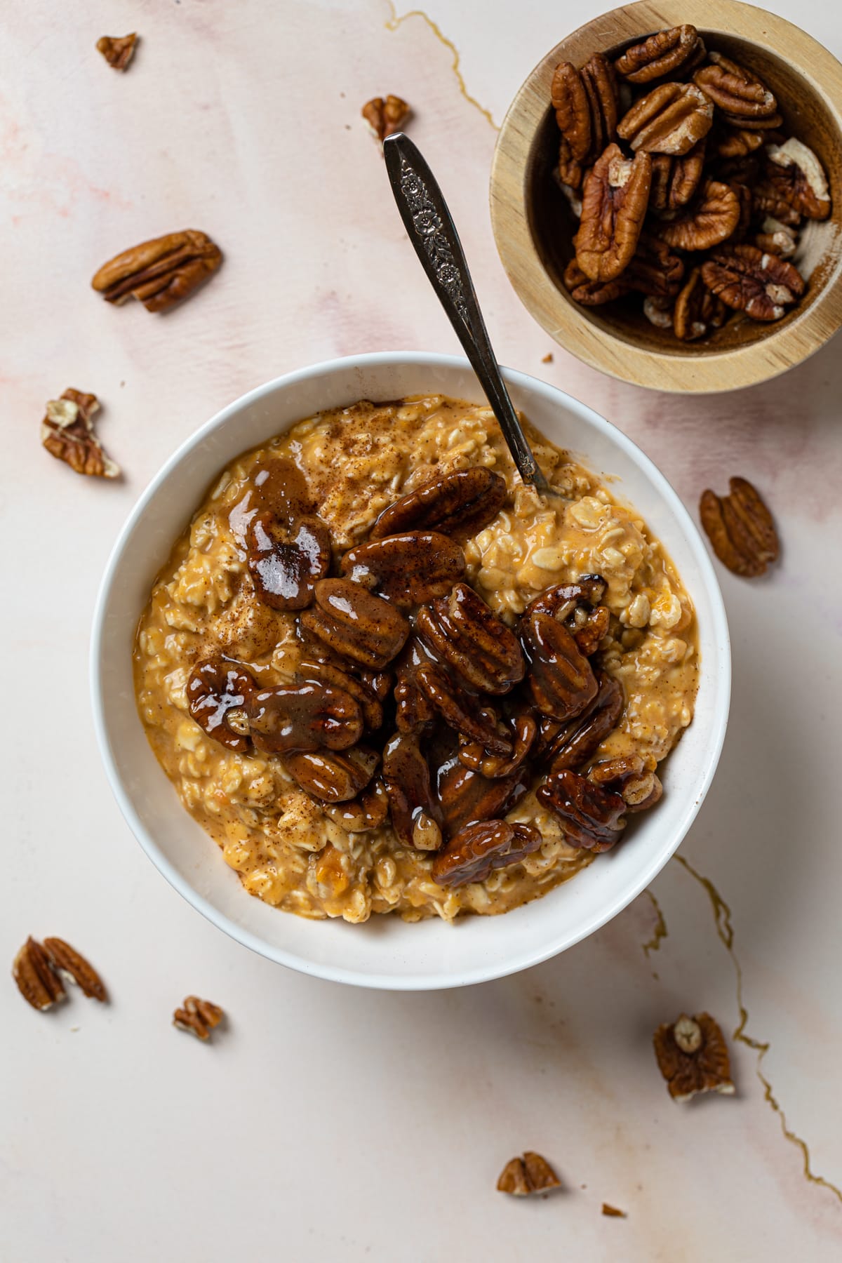 Overhead shot of a bowl of Sweet Potato Pie Overnight Oats