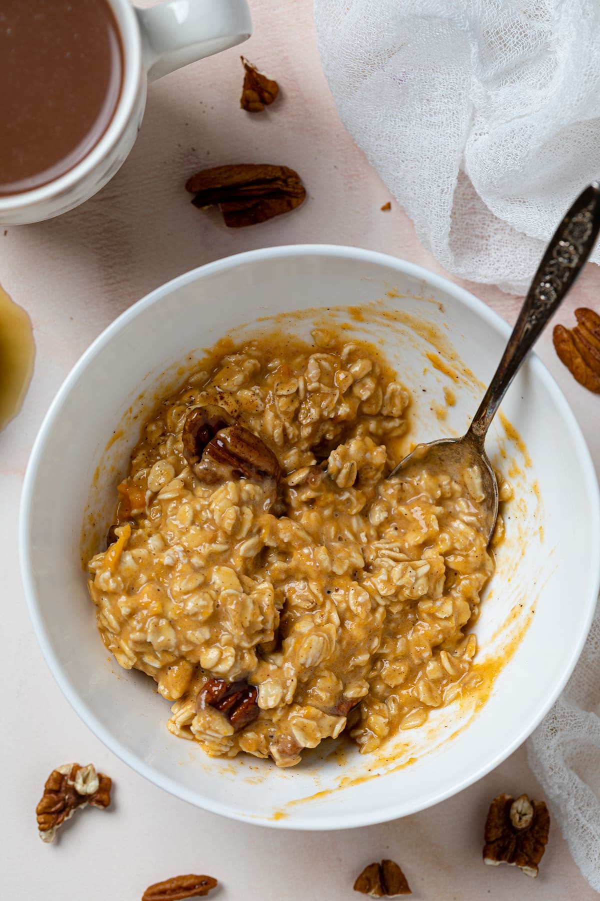 Bowl of Sweet Potato Pie Overnight Oats with spoon