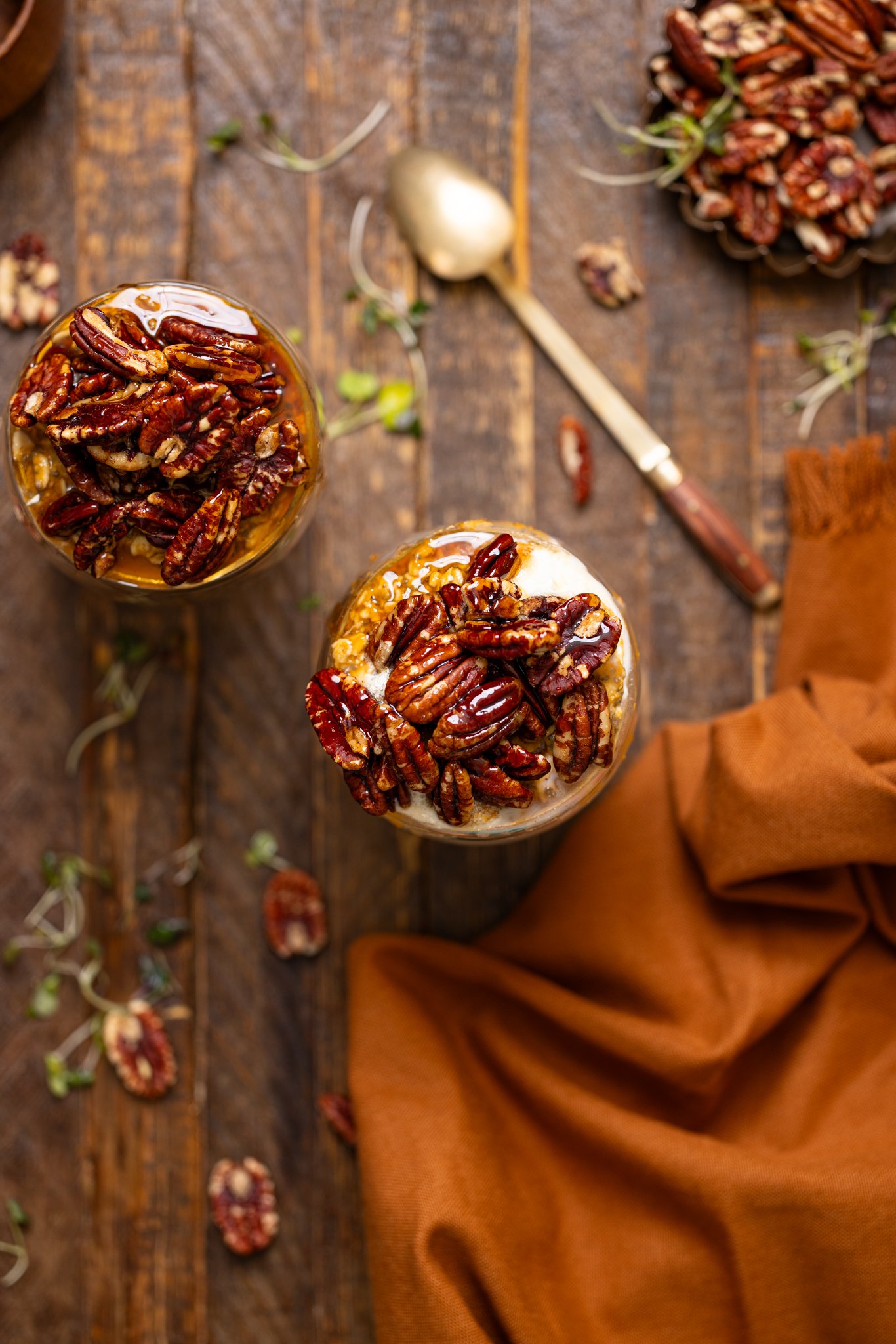 Overhead shot of Sweet Potato Pie Overnight Oats with pecan topping.
