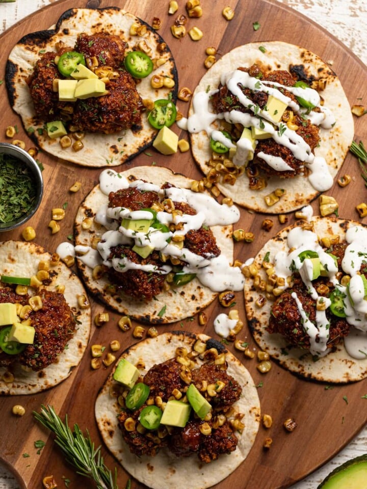 Barbeque Cauliflower Tacos on a wooden board
