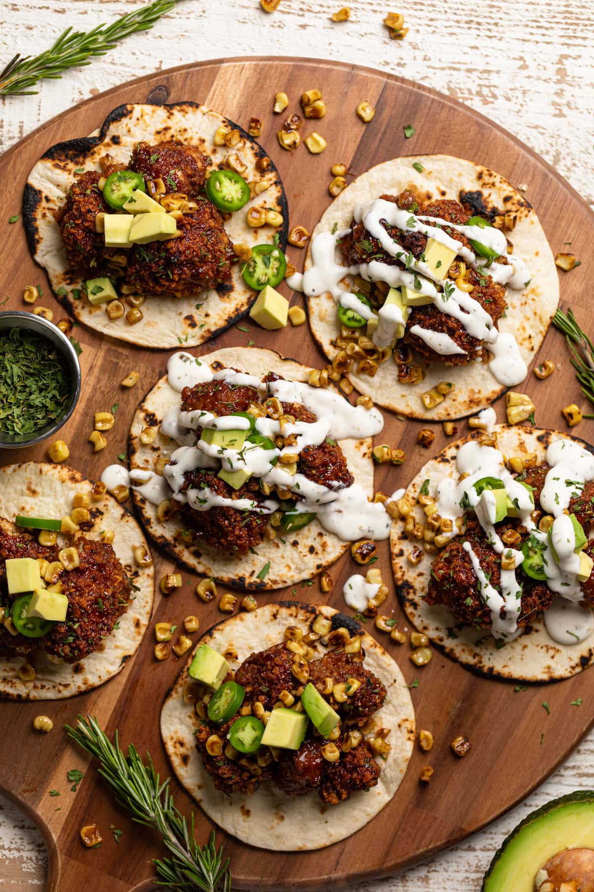 Barbeque Cauliflower Tacos on a wooden board