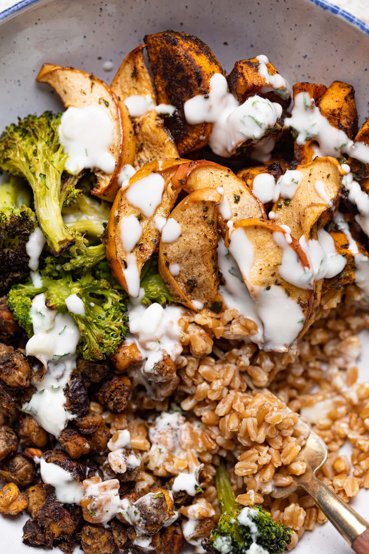 Closeup of a Jerk Vegetable Farro Bowl 