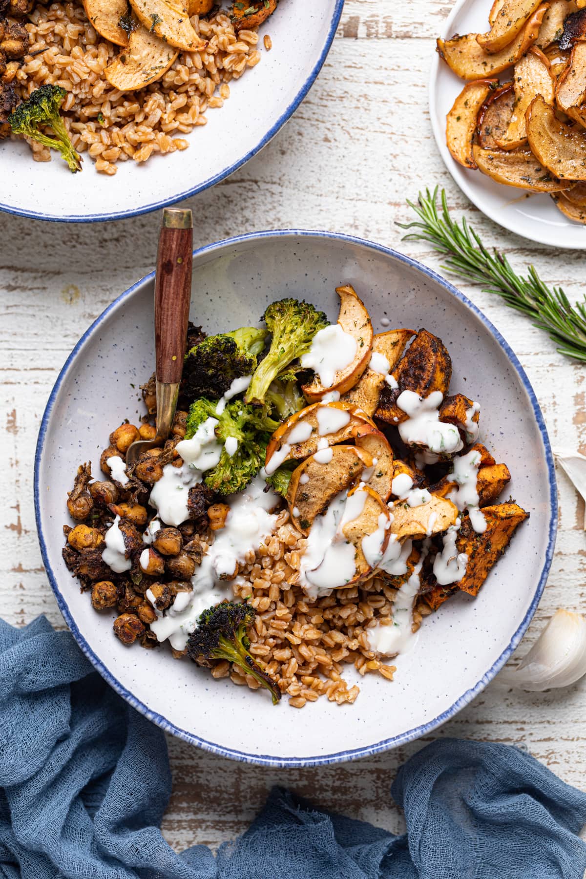 Jerk Vegetable Farro Bowl drizzled with dairy-free garlic dress
