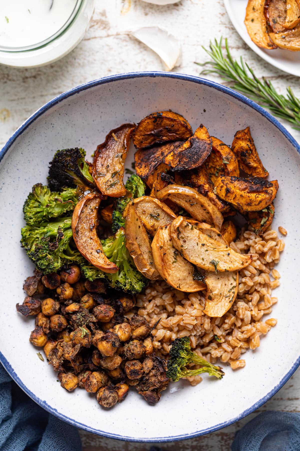 Overhead shot of a Jerk Vegetable Farro Bowl 