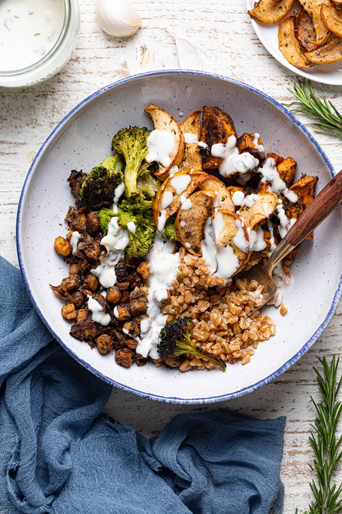 Jerk Vegetable Farro Bowl drizzled with dairy-free garlic dress