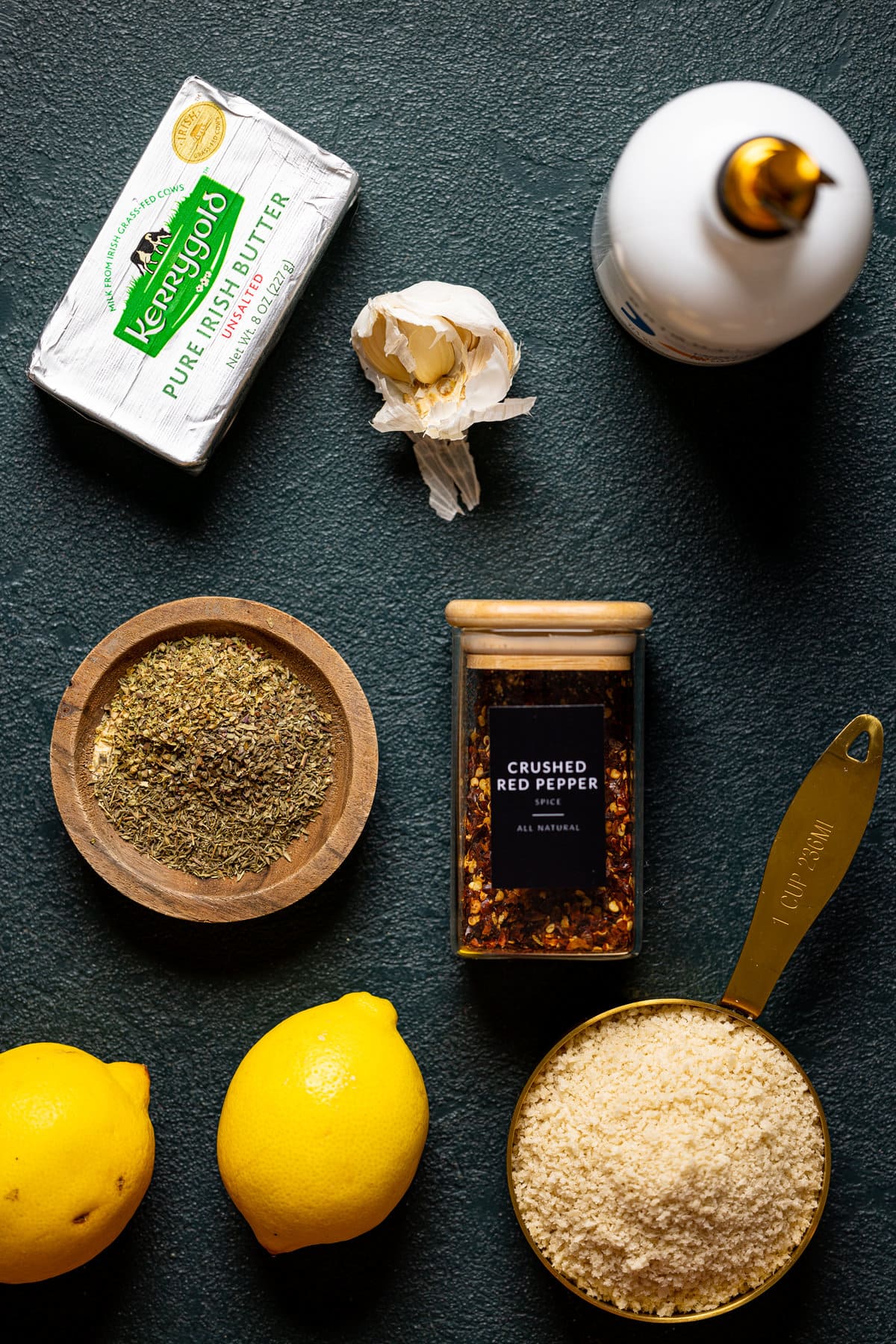 Ingredients for Lemon Brown Butter Pasta including Kerrygold butter, crushed red pepper, and garlic