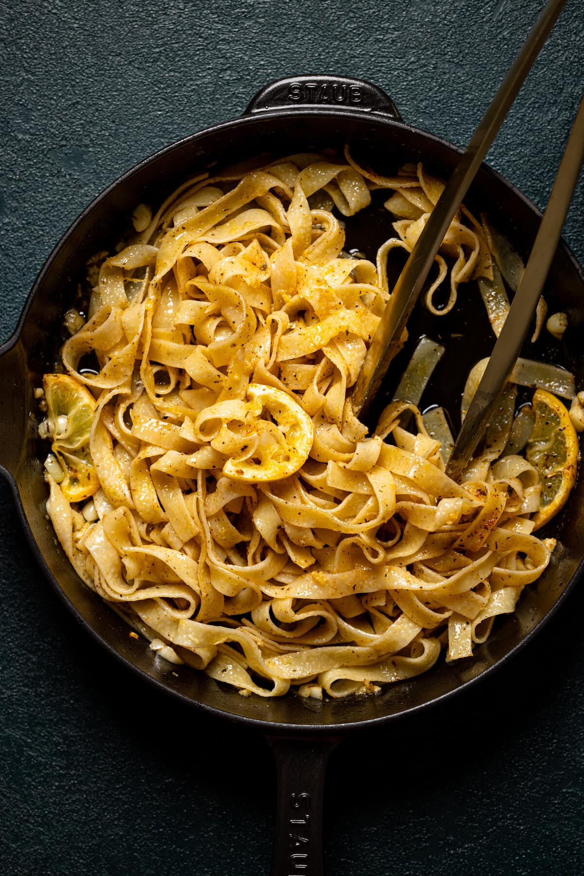 Lemon Brown Butter Pasta in a pan with tongs