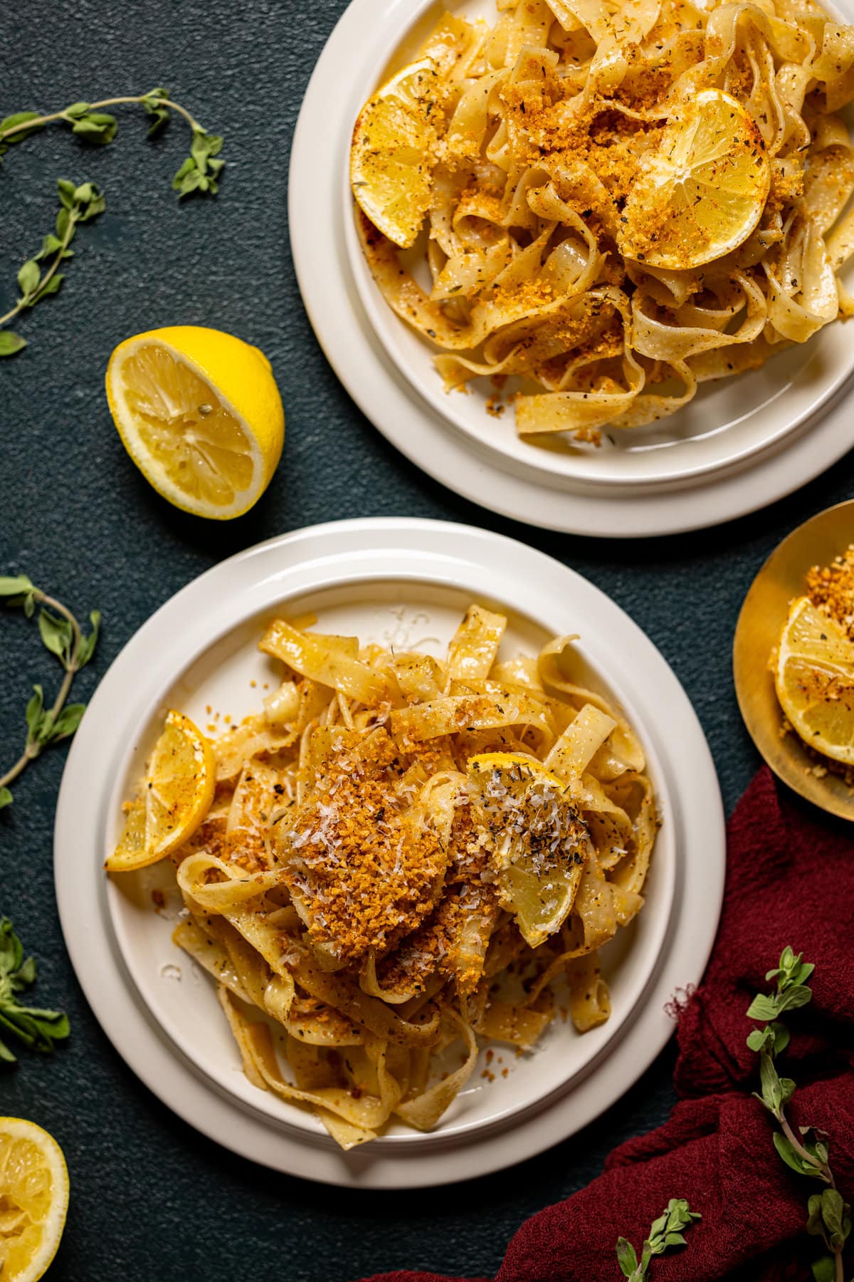 Overhead shot of two plates of Lemon Brown Butter Pasta 