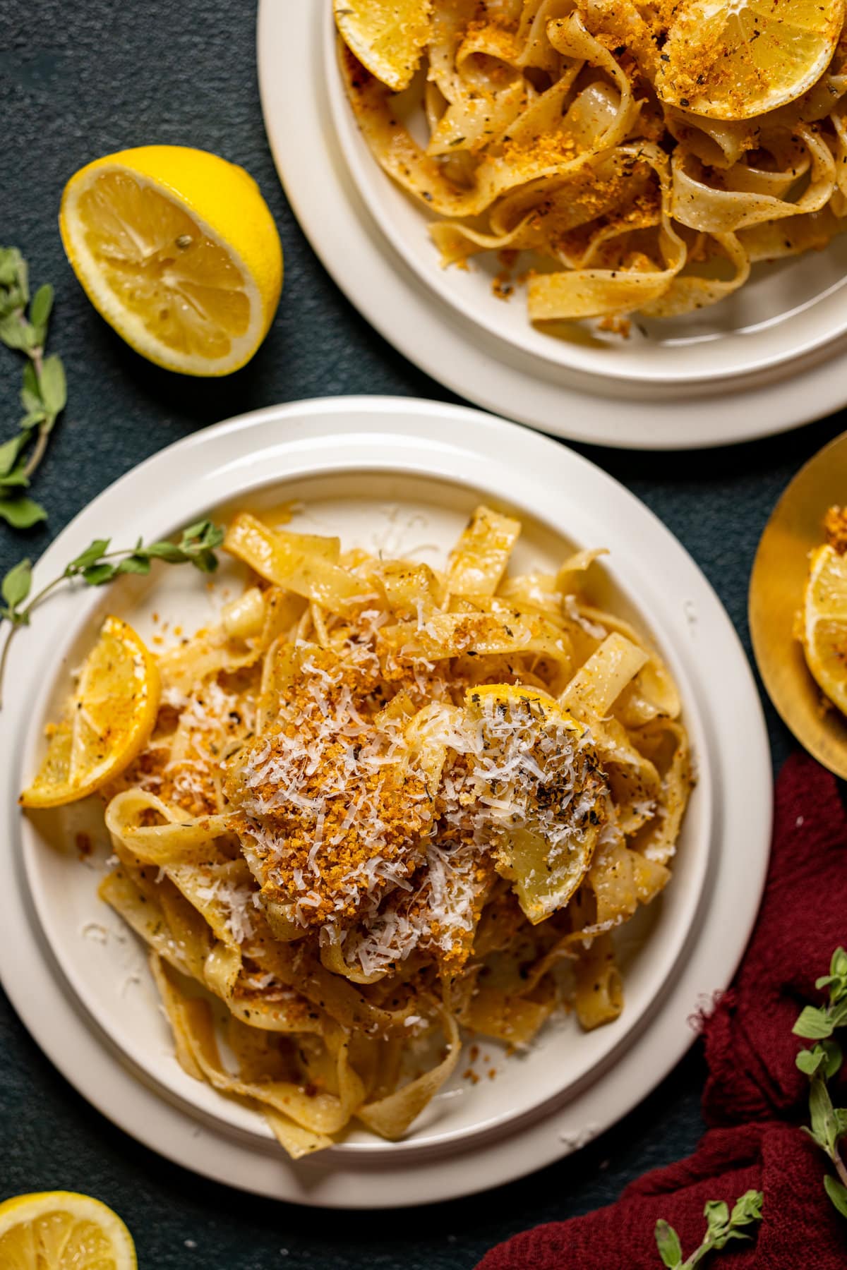 Overhead shot of plates of Lemon Brown Butter Pasta 