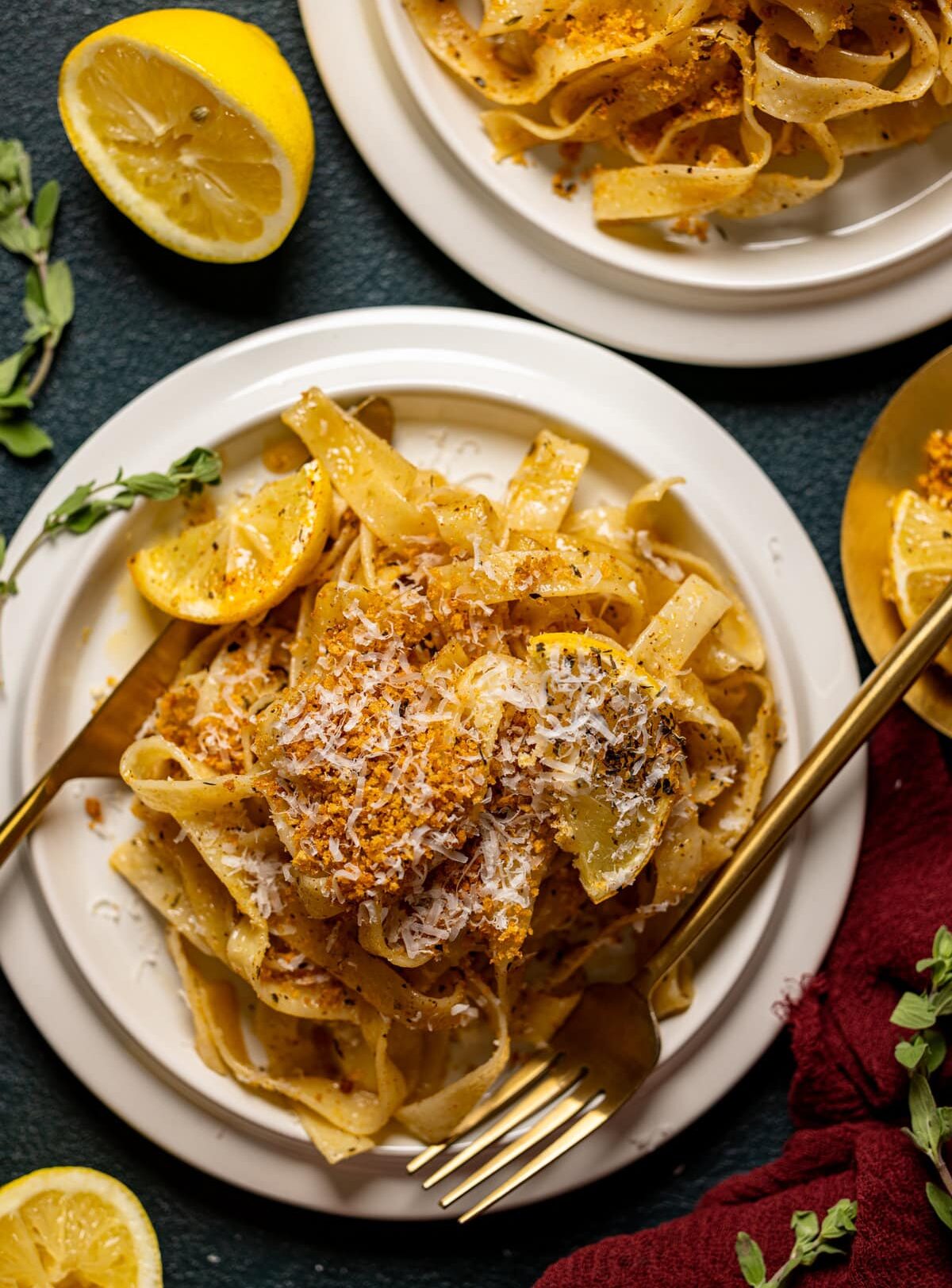 Plate of Lemon Brown Butter Pasta. Vegan pasta option.