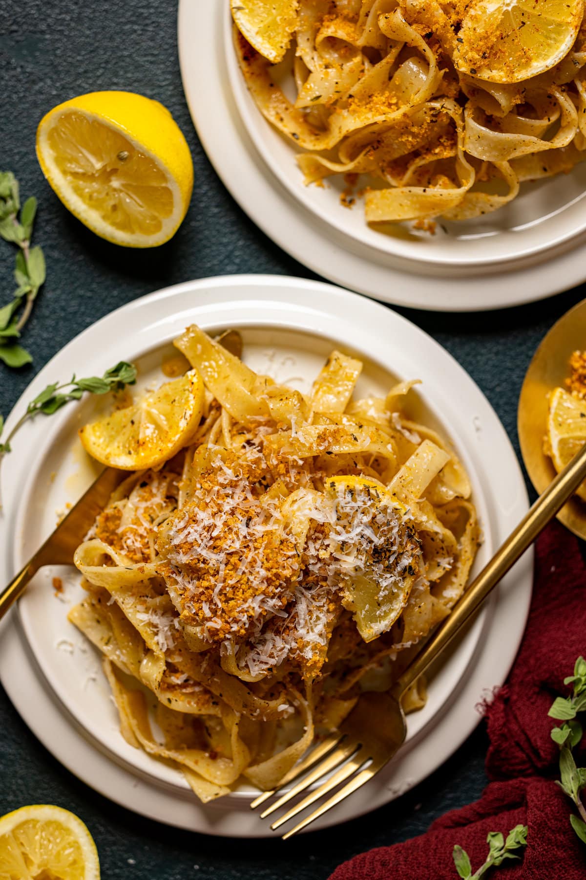 Overhead shot of plates of Lemon Brown Butter Pasta 