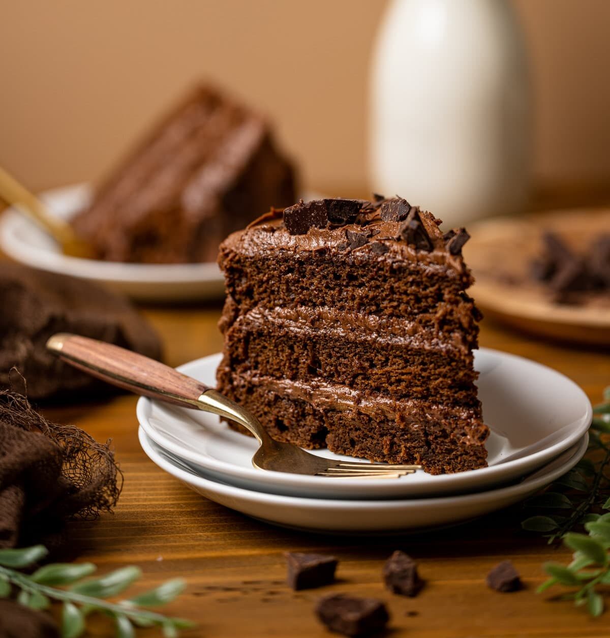 Slice of Vegan Chocolate Cake with a fork