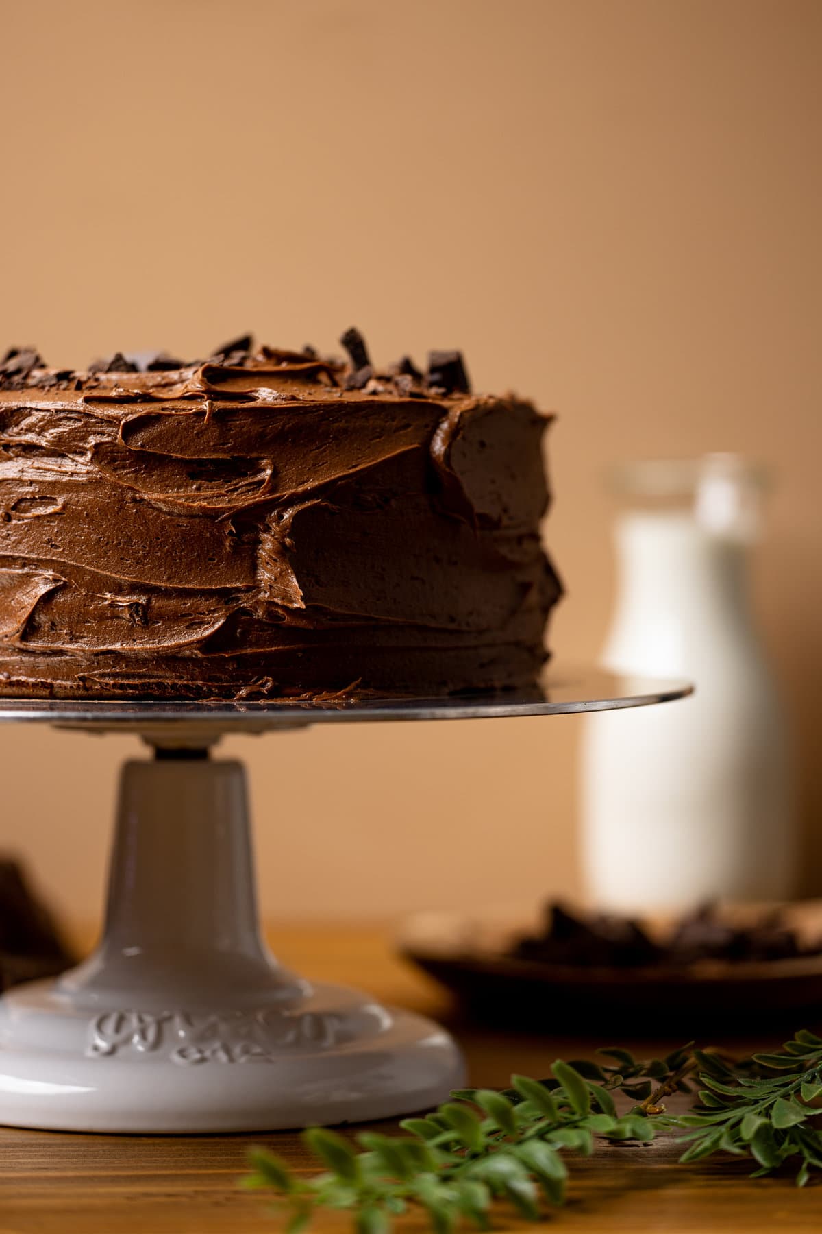 Vegan Chocolate Cake on a decorative serving display