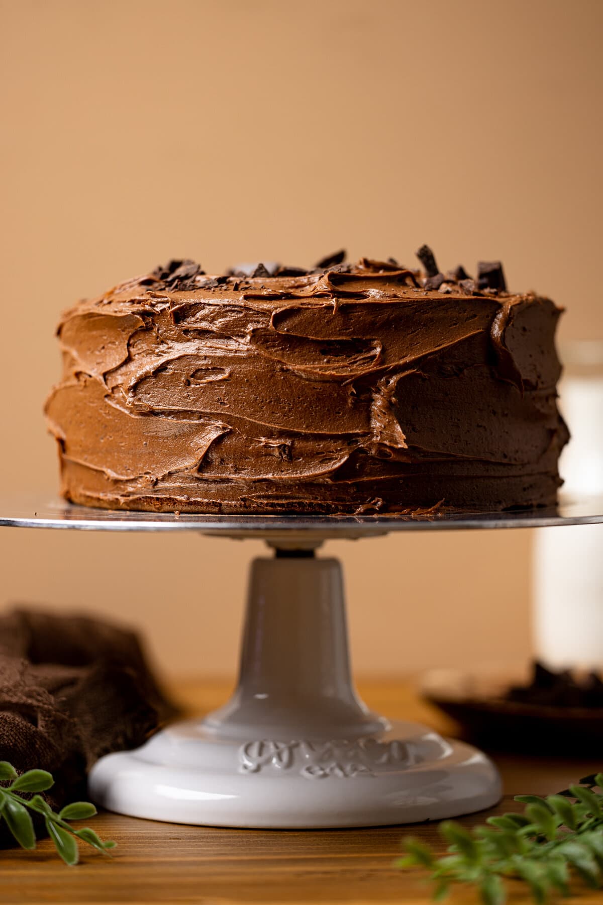 Vegan Chocolate Cake on a decorative serving display