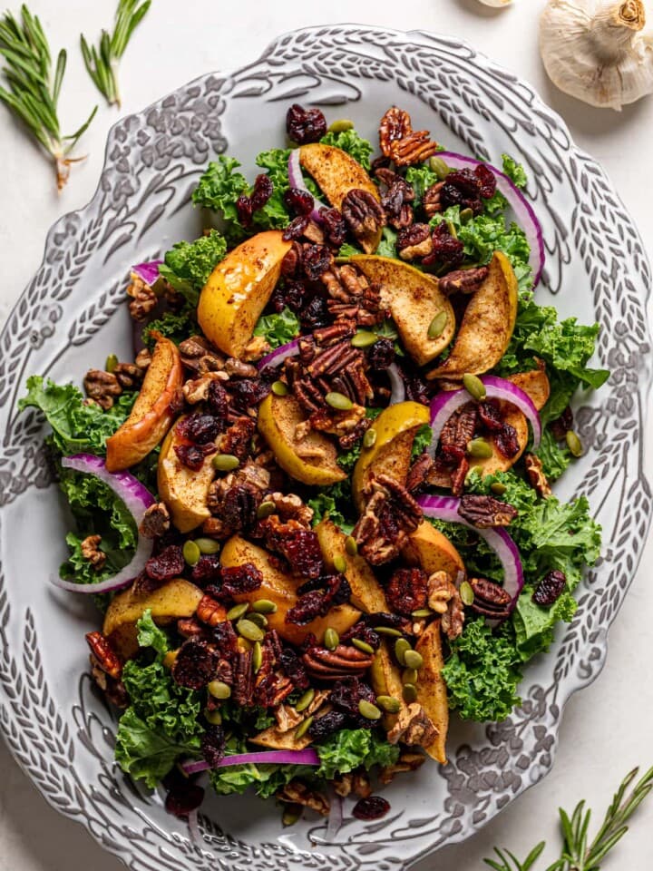 Fall Harvest Apple Kale Salad on a decorative serving bowl