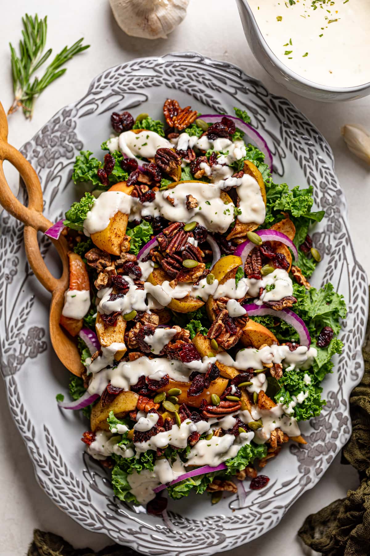 Fall Harvest Apple Kale Salad in a decorative serving bowl