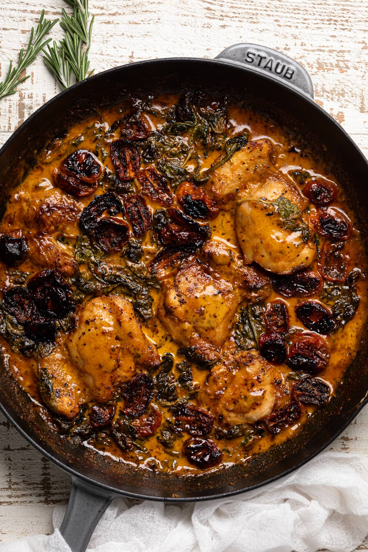 Skillet of Creamy Tuscan Chicken and Spinach with Roasted Potatoes