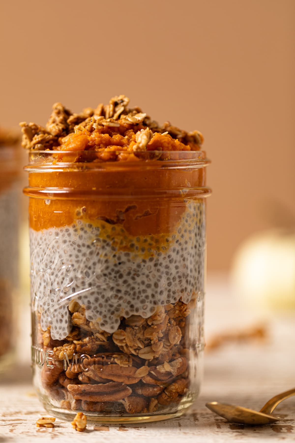 Closeup of a jar of Pumpkin Pie Chia Pudding