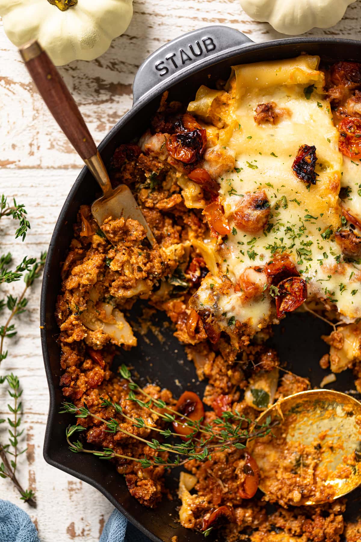 Fork in a skillet of Meatless Pumpkin Lasagna