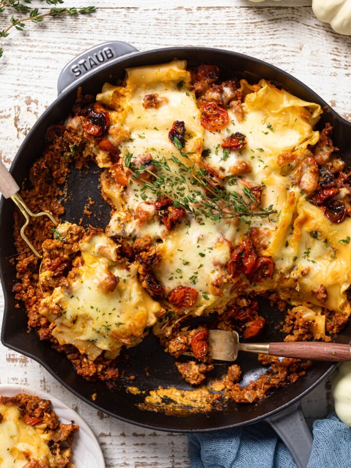 Half-served Meatless Pumpkin Lasagna in a skillet