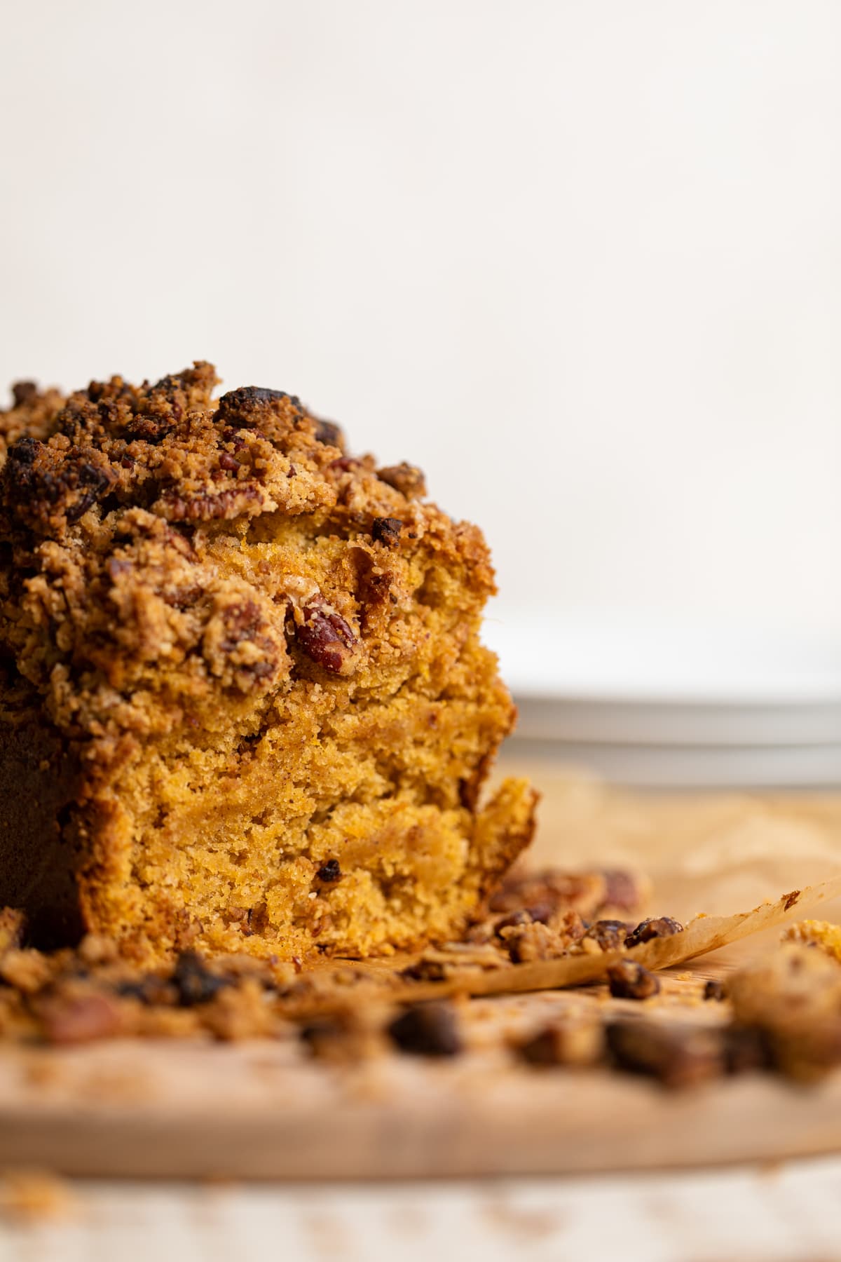 Vegan Sweet Potato Crumble Bread with one end sliced off