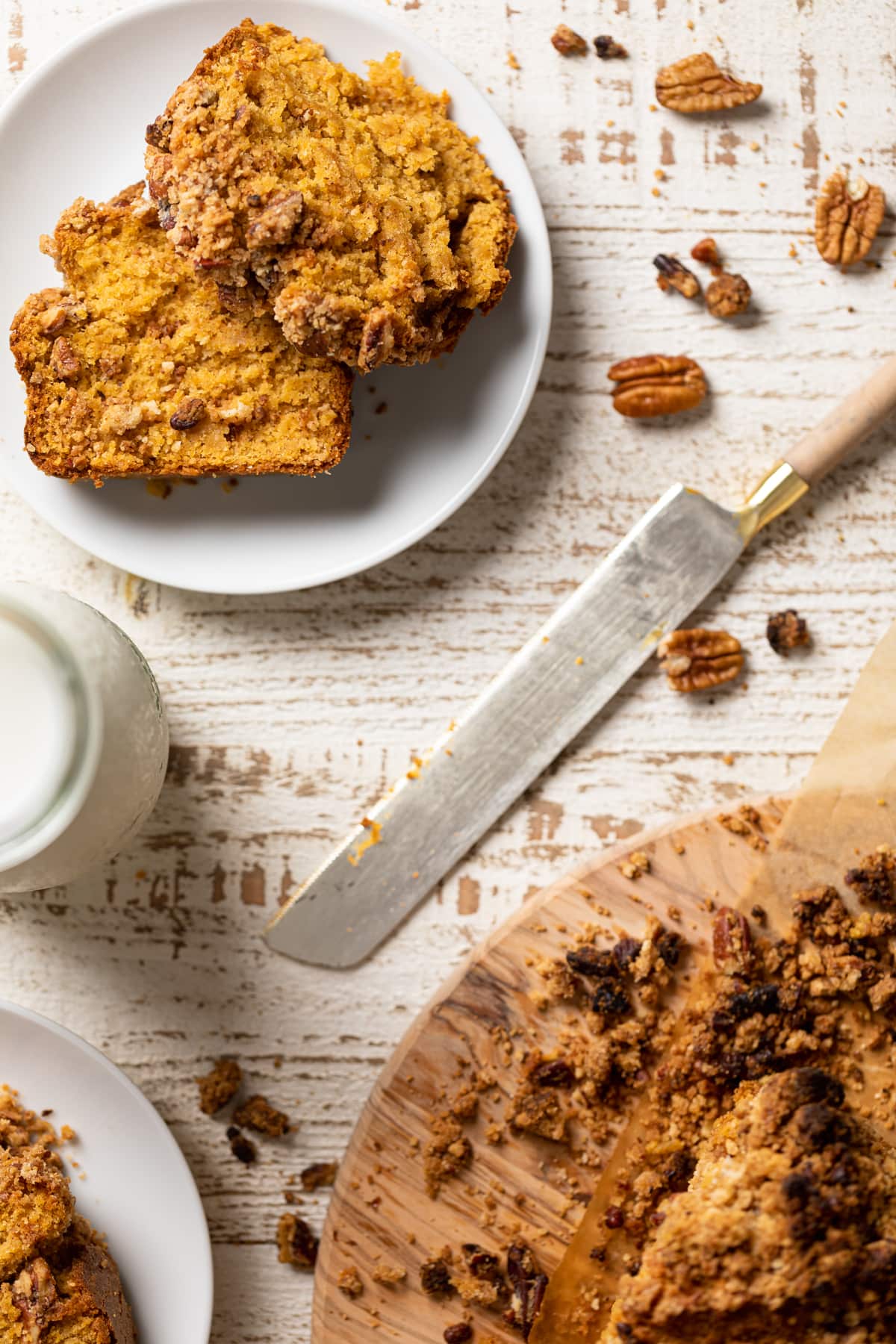 Vegan Sweet Potato Crumble Bread on a wooden board and plates
