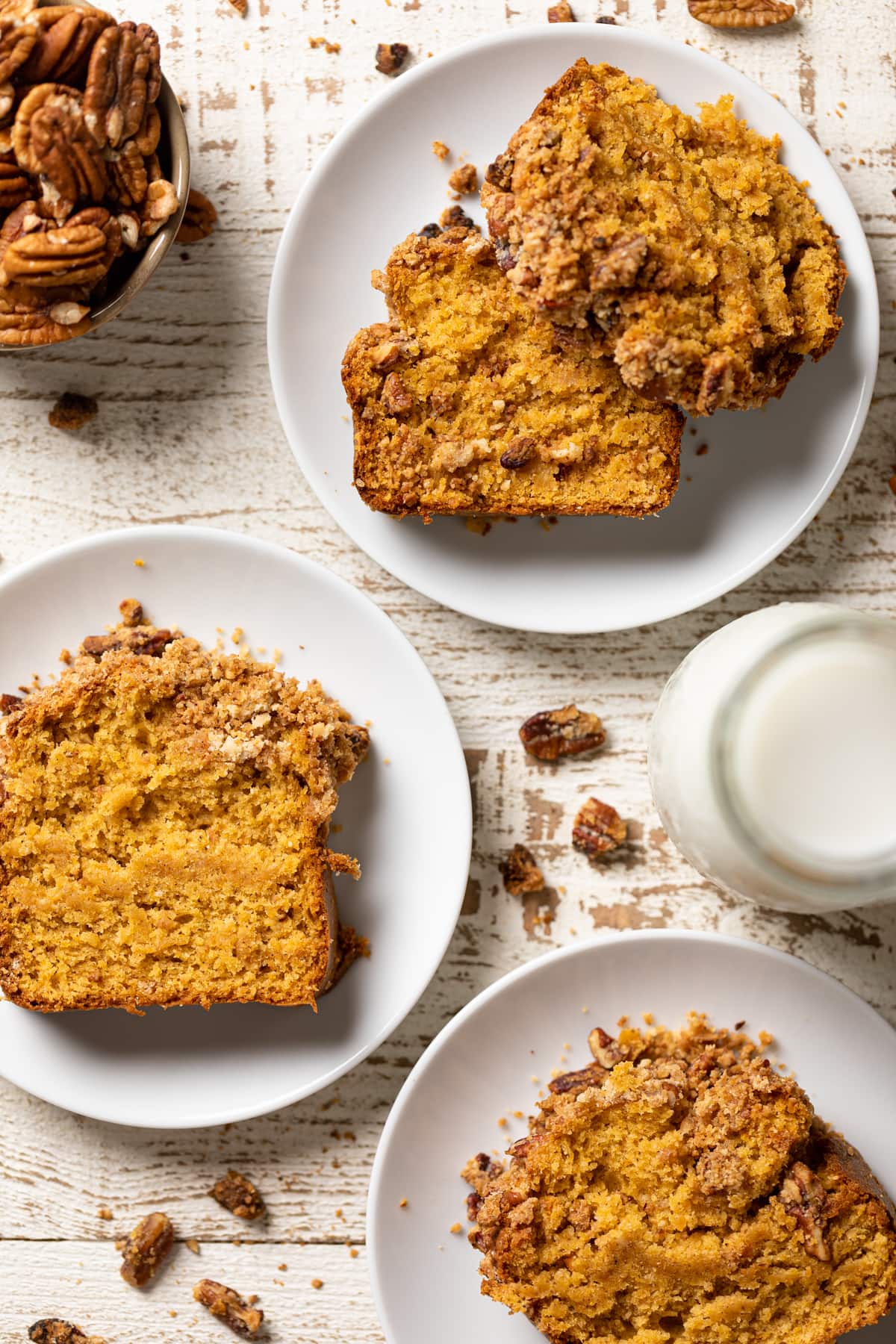 Slices of Vegan Sweet Potato Crumble Bread on small plates