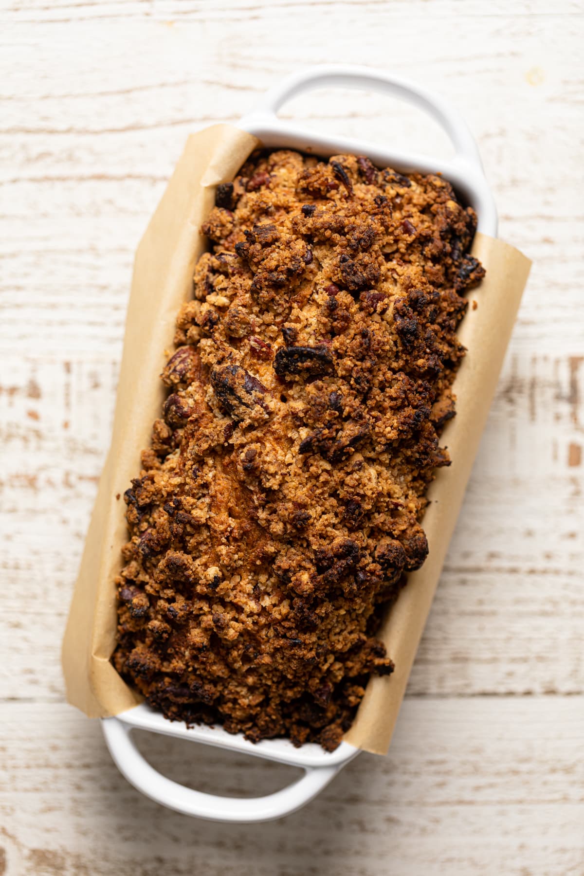 Vegan Sweet Potato Crumble Bread in a bread pan