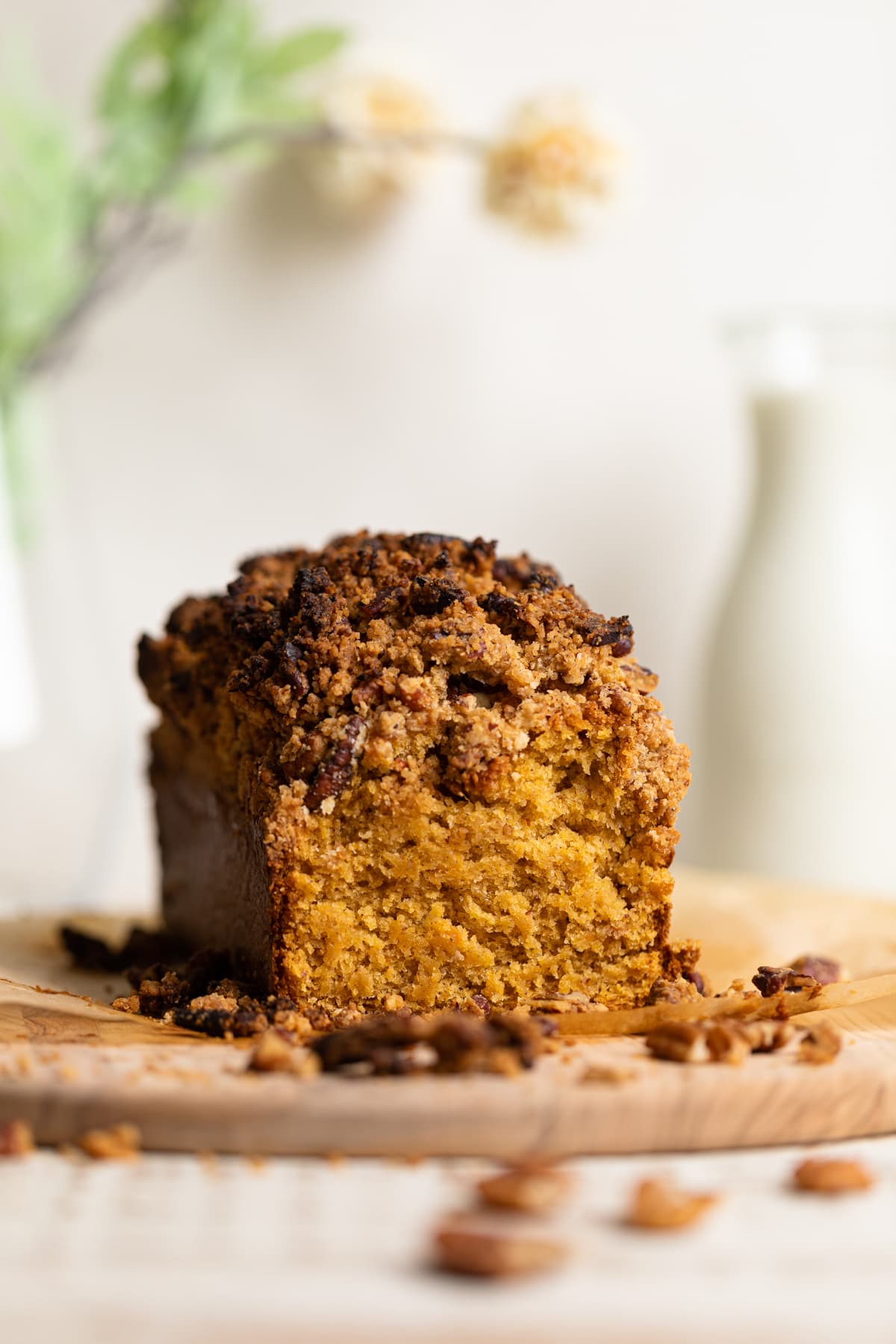 Vegan Sweet Potato Crumble Bread with one end sliced off