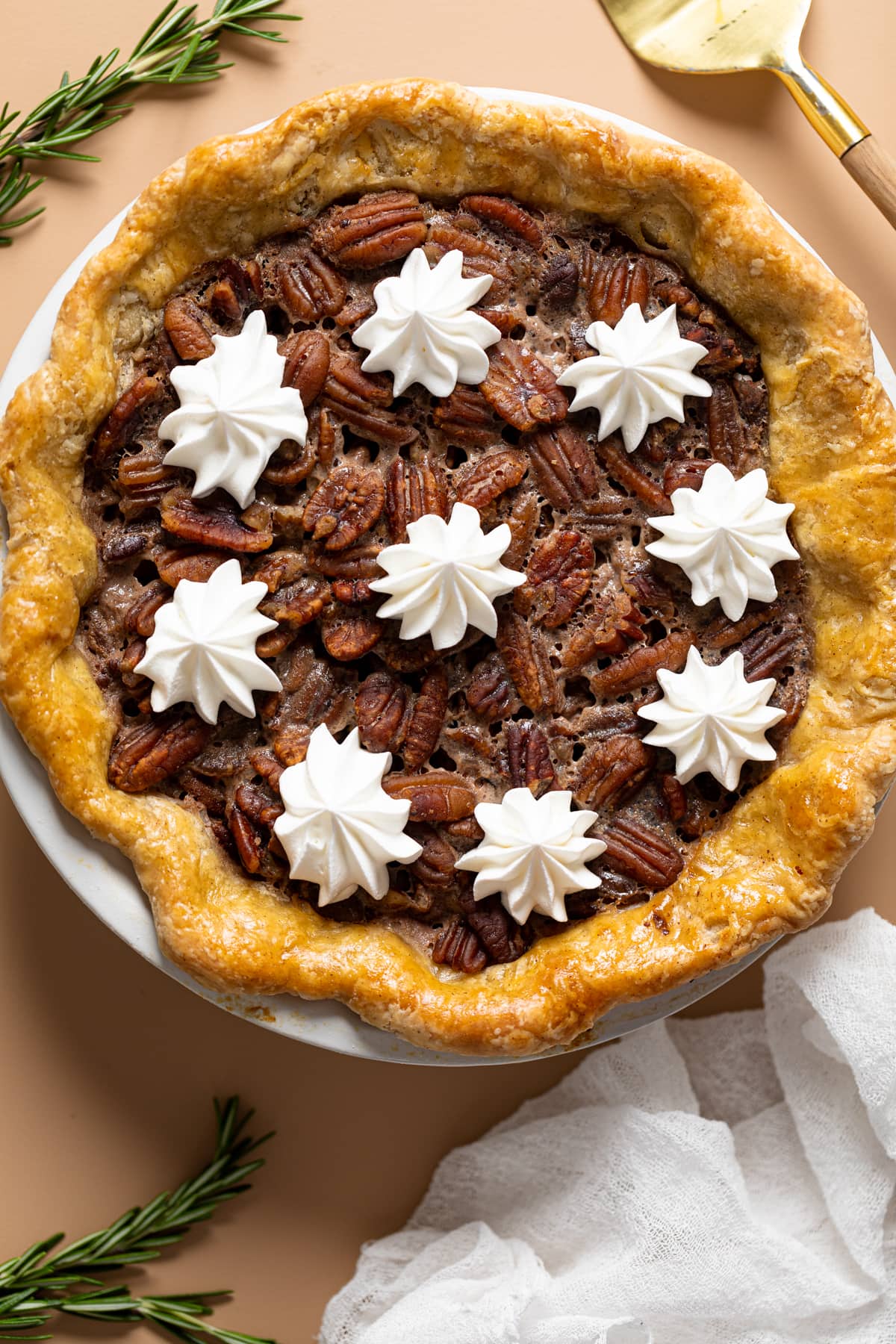 Vegan Southern Bourbon Pecan Pie in a white pie dish