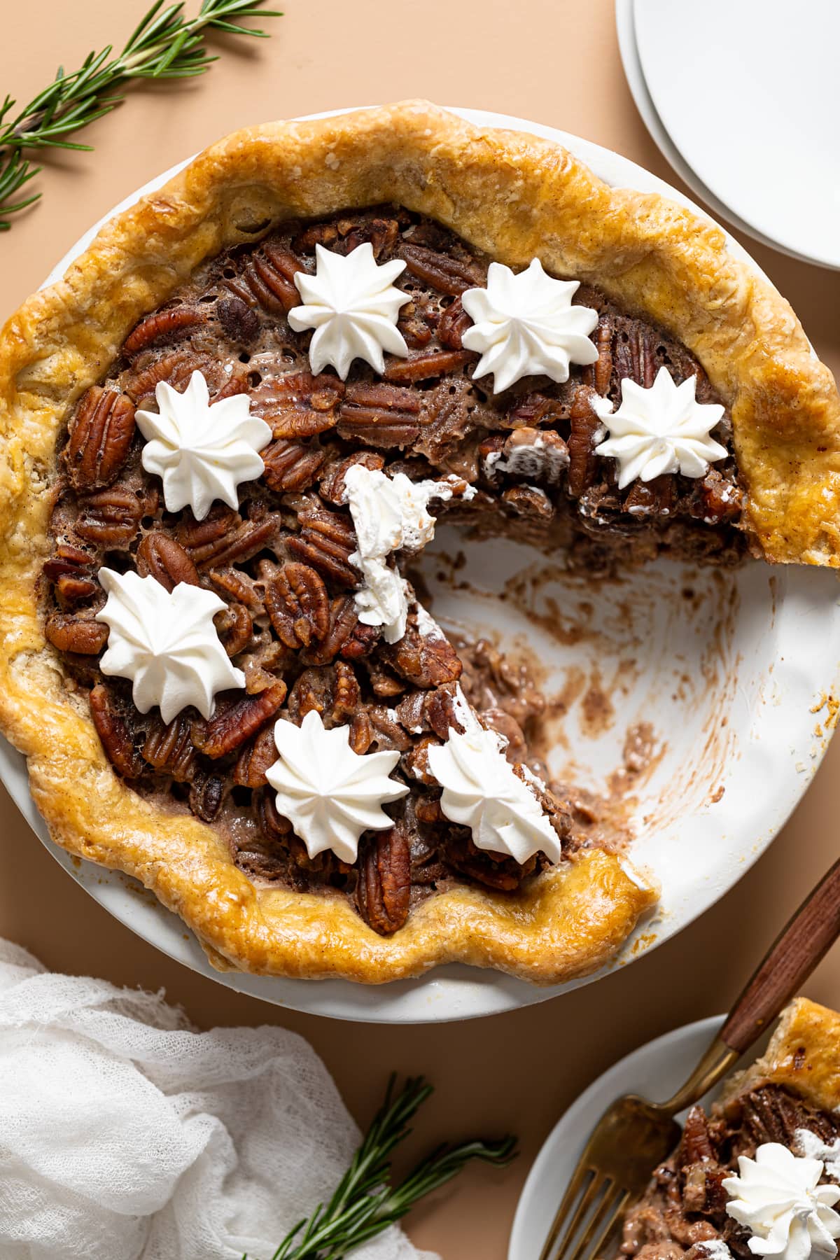 Vegan Southern Bourbon Pecan Pie missing a slice