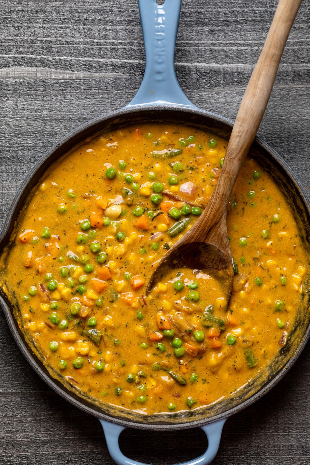 Vegan Pot Pie filling in a skillet. Vegan Comfort food at it's finest.